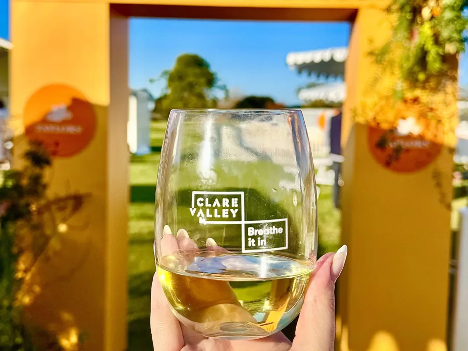 Glass of wine in a Clare Valley branded stemless wine glass